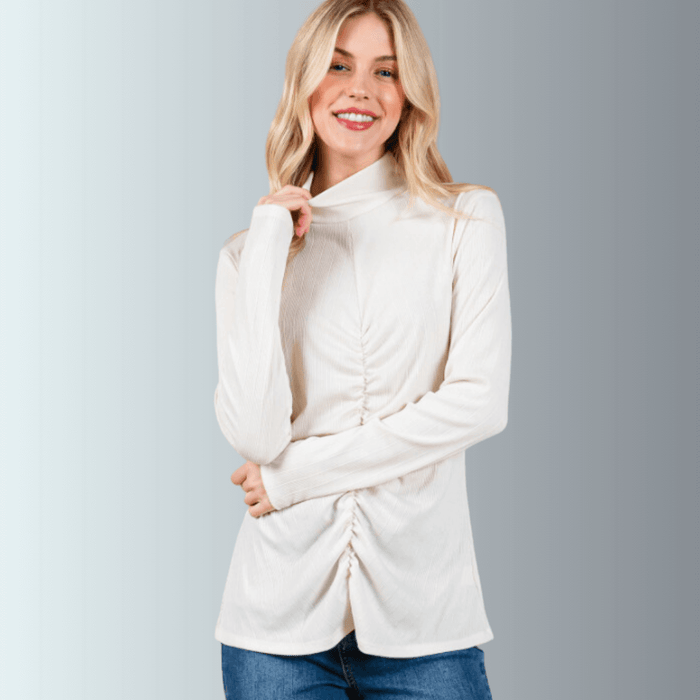 Delaney Mock Neck Top With Front Gathering