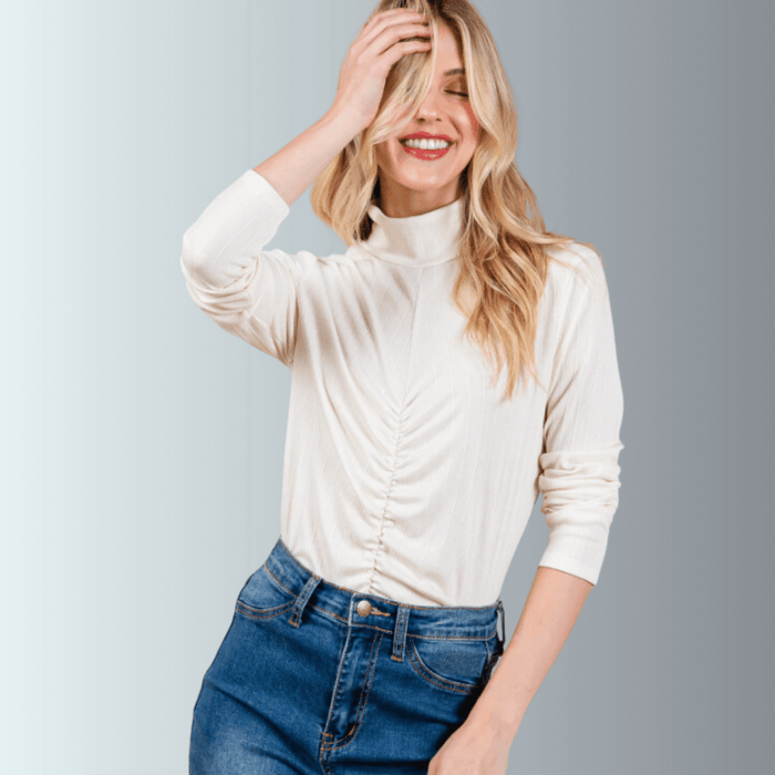 Delaney Mock Neck Top With Front Gathering