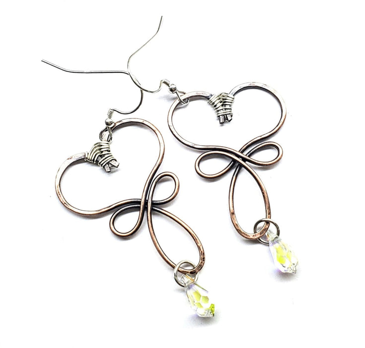 Crystal Drop Copper Heart Earrings Copper heart crystal drop Earrings