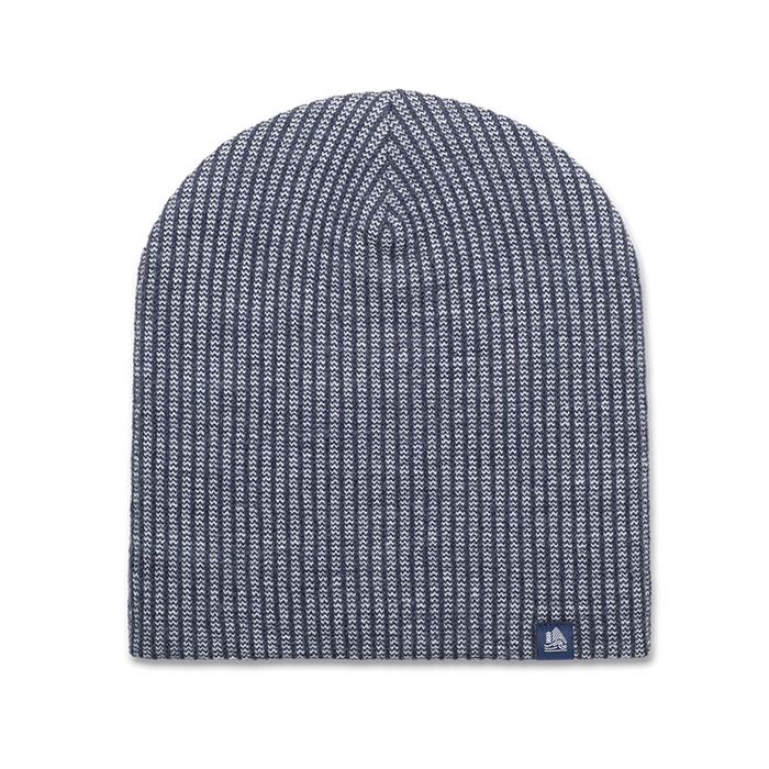 Blue knit beanie with a brand logo on a white background