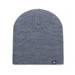 Blue knit beanie with a brand logo on a white background