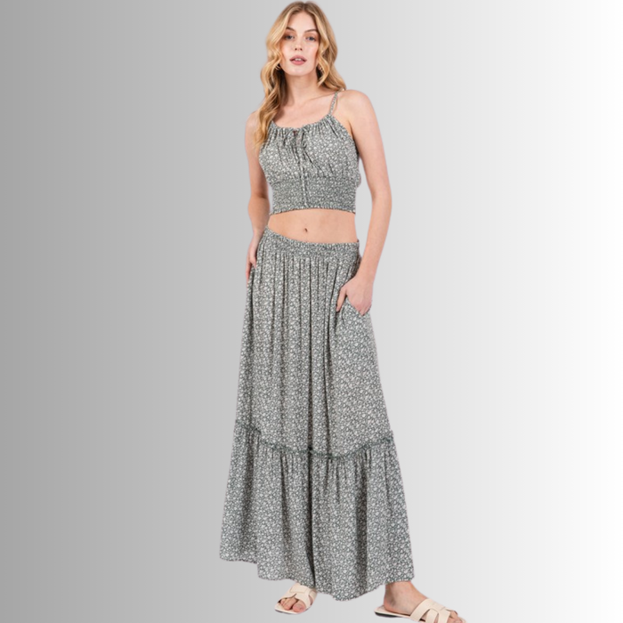 Pine Dove Sage Ditsy Floral Maxi Skirt Made in USA