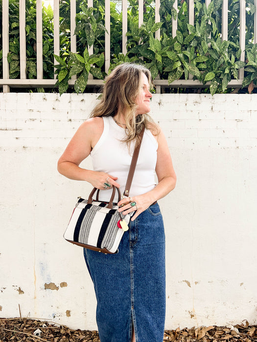 Dot | Black and White Woven + Brown Leather