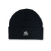 Black beanie with a logo on a white background