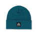 Teal beanie with a logo patch on a white background