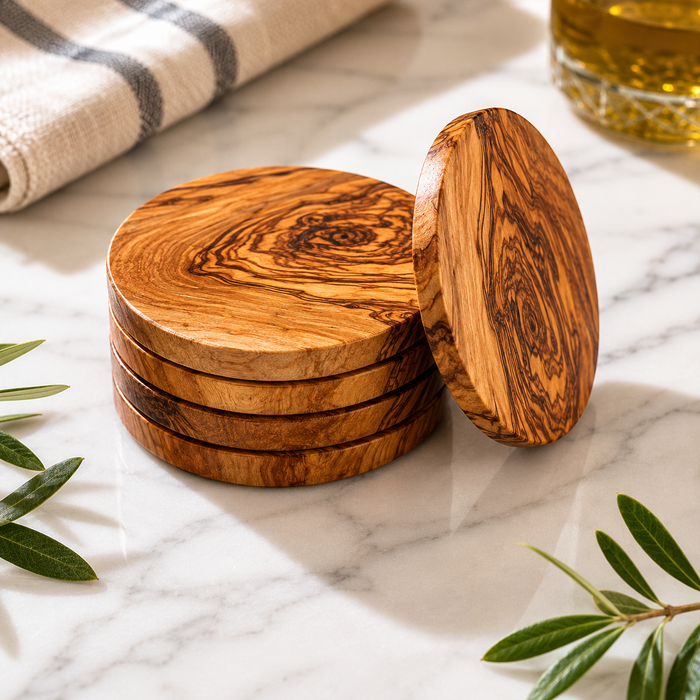 Stack of wooden coasters on a marble surface with a glass of beer and a towel in the background.