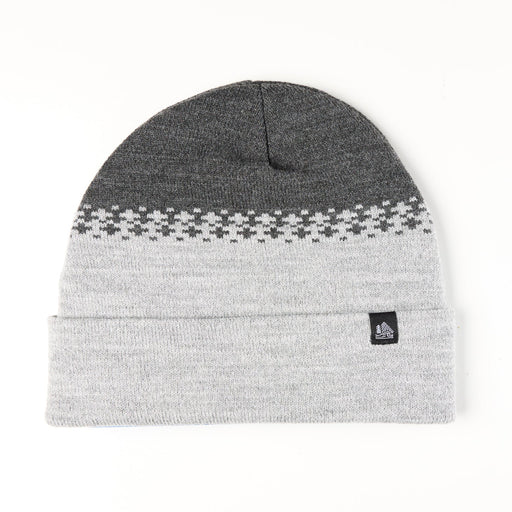 Gray beanie with a patterned band and a logo on a white background