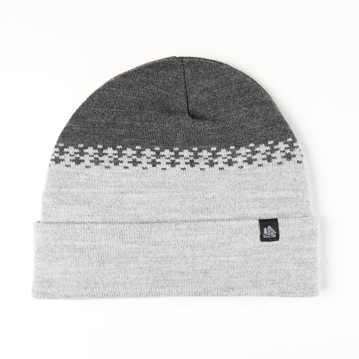 Gray beanie with a patterned band and a logo on a white background