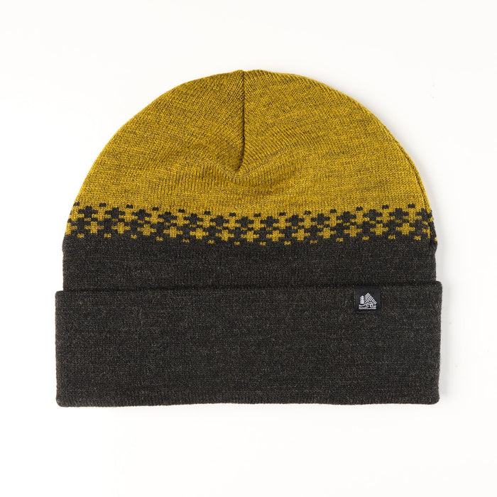 Two-tone beanie with yellow top and black bottom on a white background
