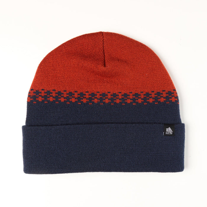 Two-tone beanie with red top and navy bottom on a white background
