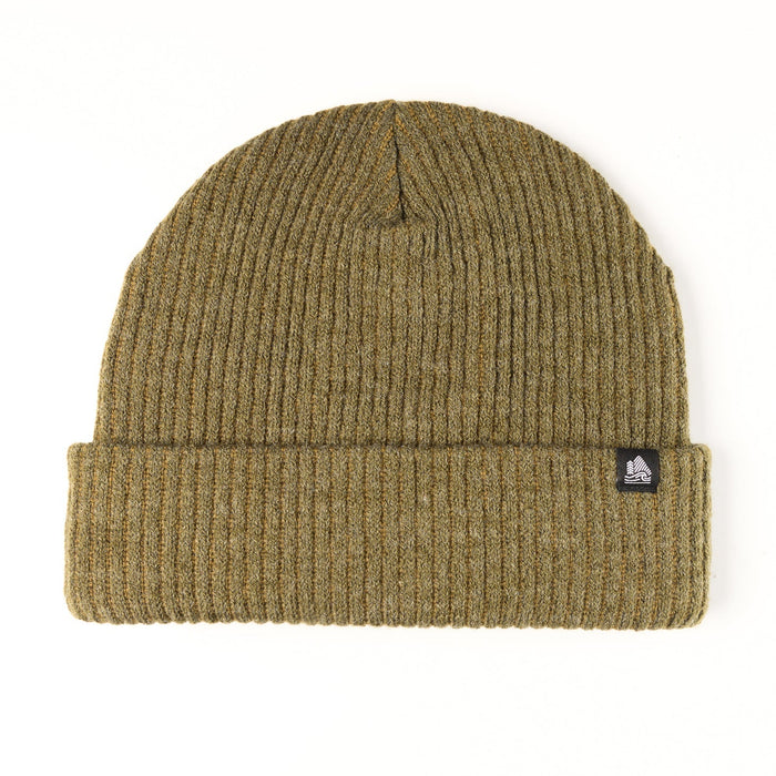 Brown knit beanie with a small logo on a white background
