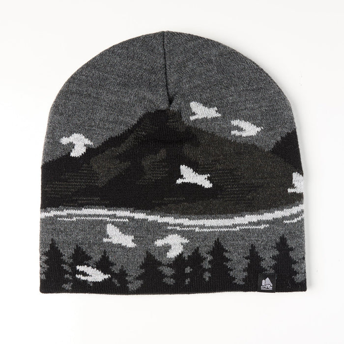 Gray beanie with mountain and bird pattern on a white background
