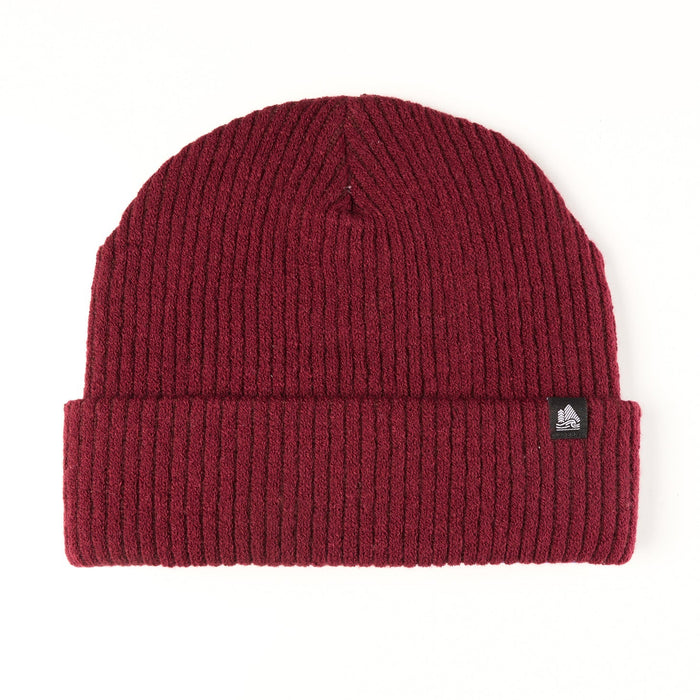 Red knit beanie with a brand logo on a white background