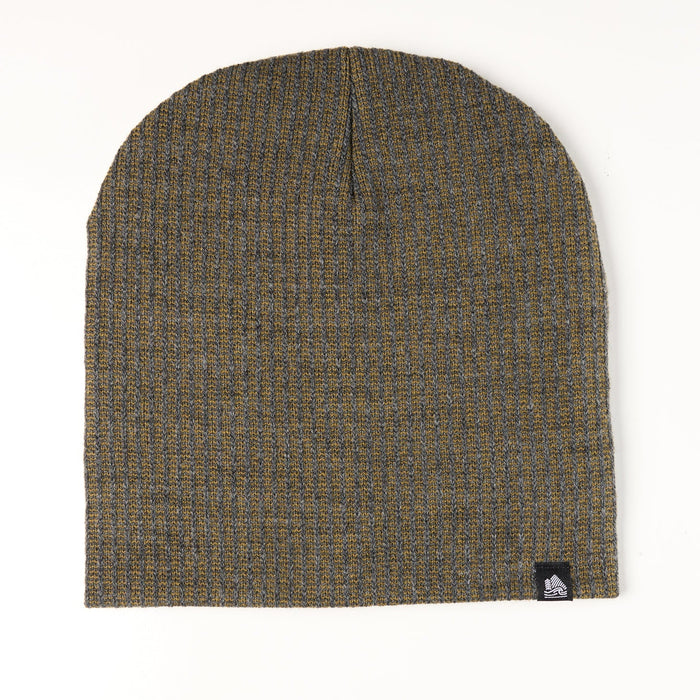 Textured beanie with a brand logo on a white background