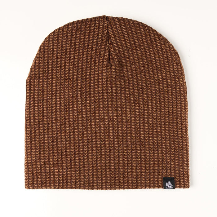 Brown knit beanie with a brand logo on a white background