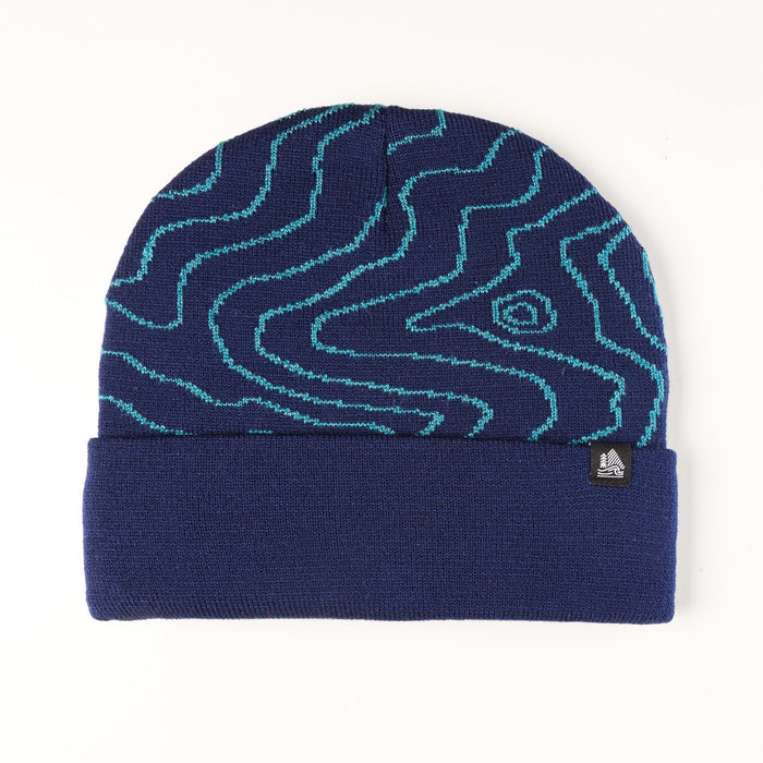 Blue beanie with wavy pattern on a white background