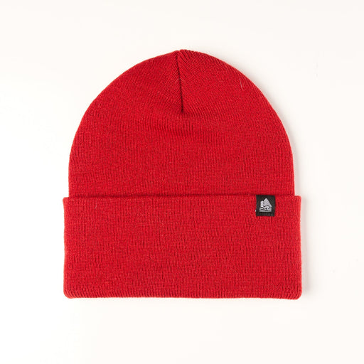 Red beanie with a small logo on a white background