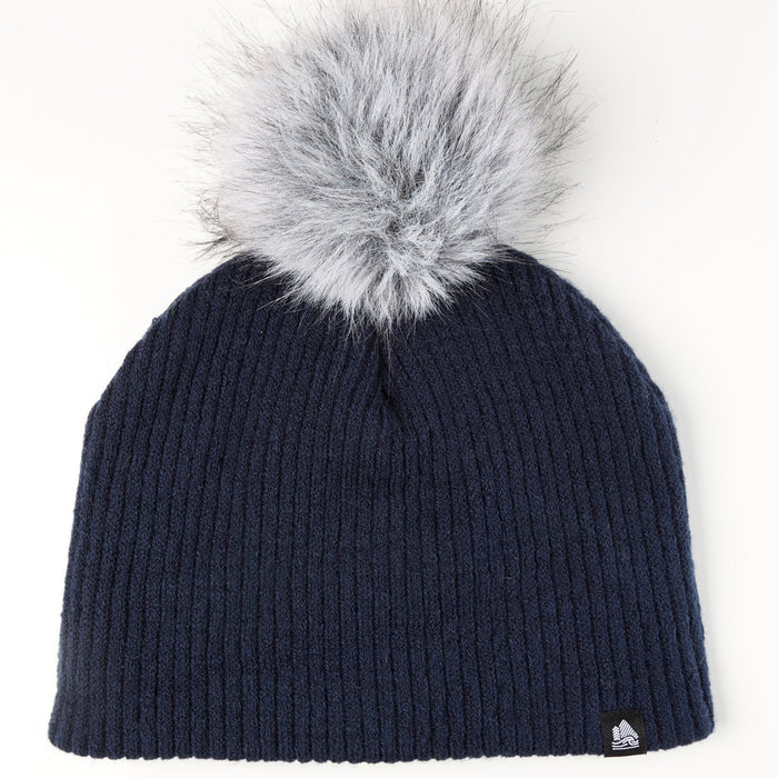 Navy blue knit beanie with a gray fur pom-pom on a white background