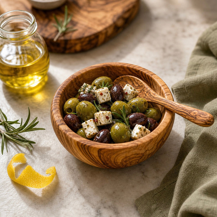Wooden bowl with olives and feta cheese on a marble surface with olive oil and rosemary.