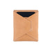 Tan leather wallet with a black interior on a white background