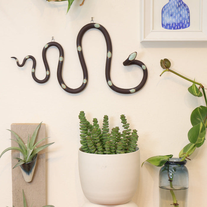 Decorative wall with plants, a snake sculpture, and a framed picture.