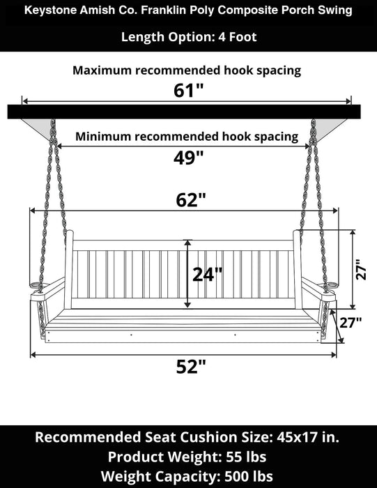 Keystone Amish Co. 4 Foot Franklin Poly Composite Porch Swing, Weathered Wood