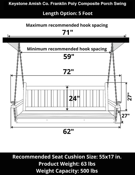 Keystone Amish Co. 5 Foot Franklin Poly Composite Porch Swing, Dark Grey