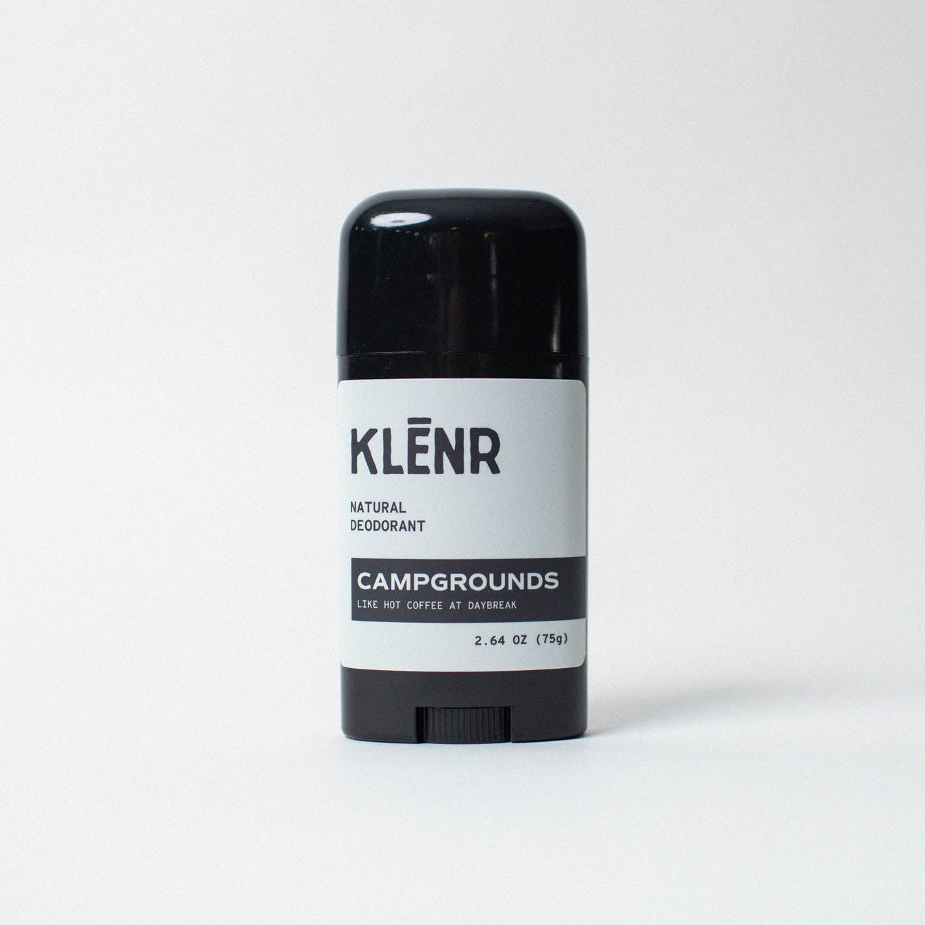 Klenr natural deodorant stick labeled 'Campgrounds' on a white background