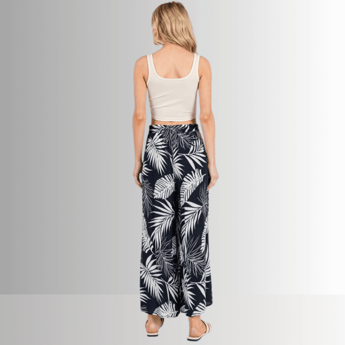 Navy Tropical Palm Wide Leg Pants