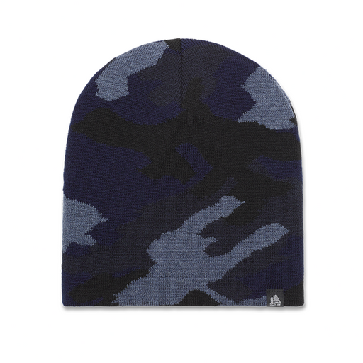 Camouflage-patterned beanie on a white background