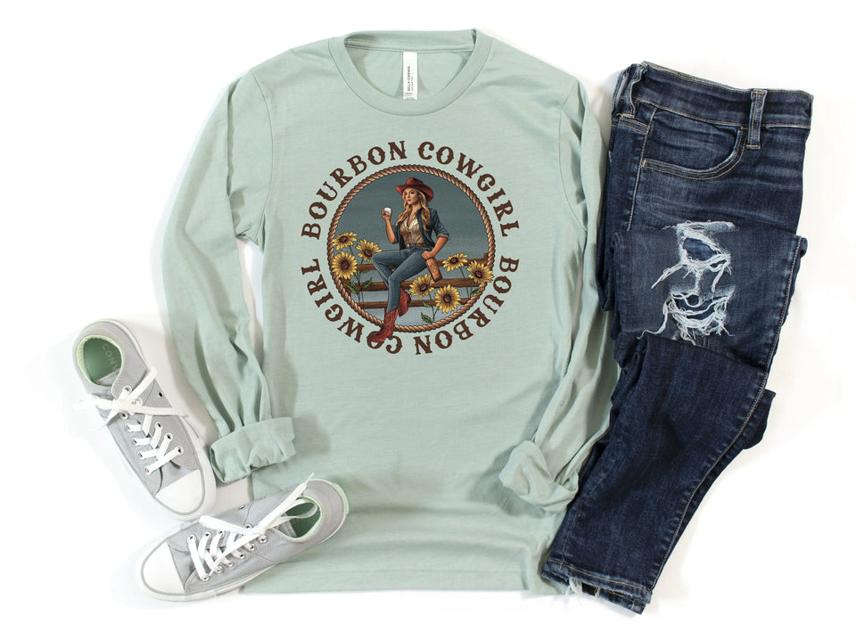 Bourbon Cowgirl Long Sleeve Dusty Blue T-Shirt