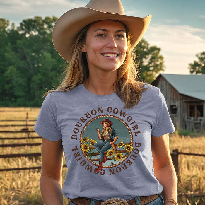 Bourbon Cowgirl Logo Heather Blue Tee Shirt