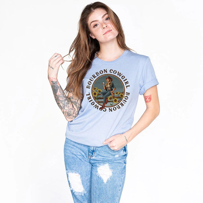 Bourbon Cowgirl Logo Heather Blue Tee Shirt