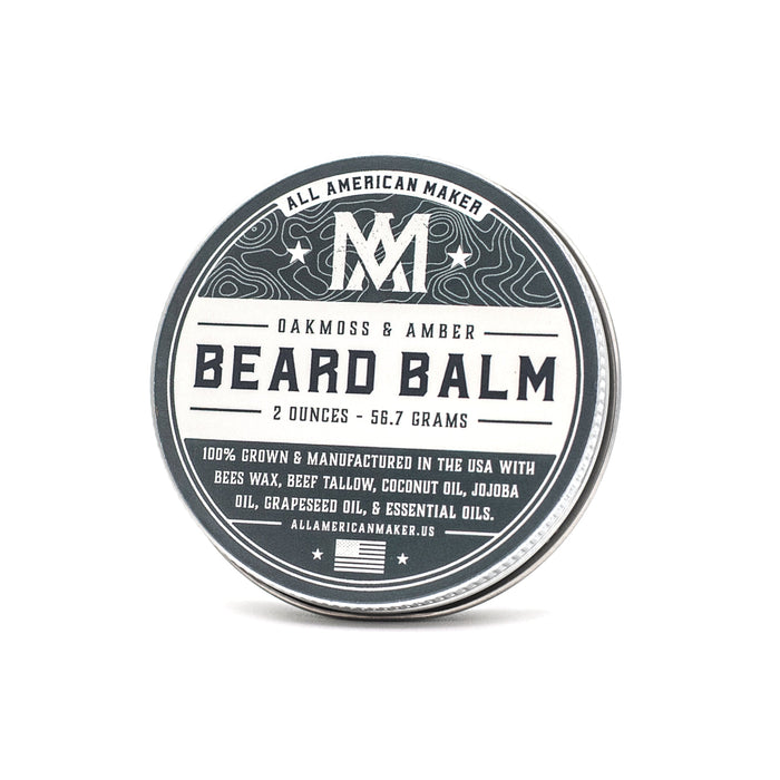 Beard balm container with label on a white background