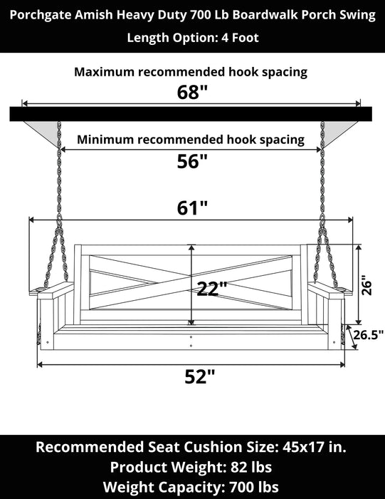 Porchgate Amish Heavy Duty 700 Lb 4-Foot Boardwalk Porch Swing - Pure White