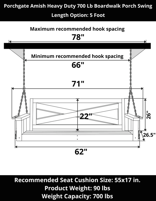 Porchgate Amish Heavy Duty 700 Lb 5-Foot Boardwalk Porch Swing - Unfinished