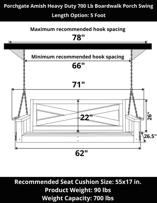 Porchgate Amish Heavy Duty 700 Lb 5-Foot Boardwalk Porch Swing - Dovetail Grey