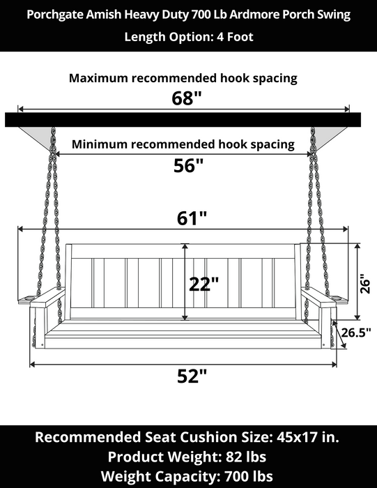 Porchgate Amish Heavy Duty 700 Lb 4-Foot Ardmore Porch Swing - Tricorn Black