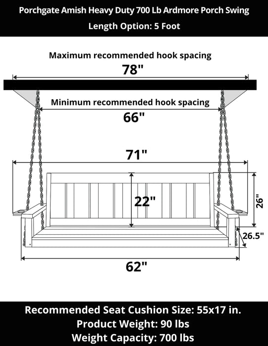 Porchgate Amish Heavy Duty 700 Lb 5-Foot Ardmore Porch Swing - Tricorn Black