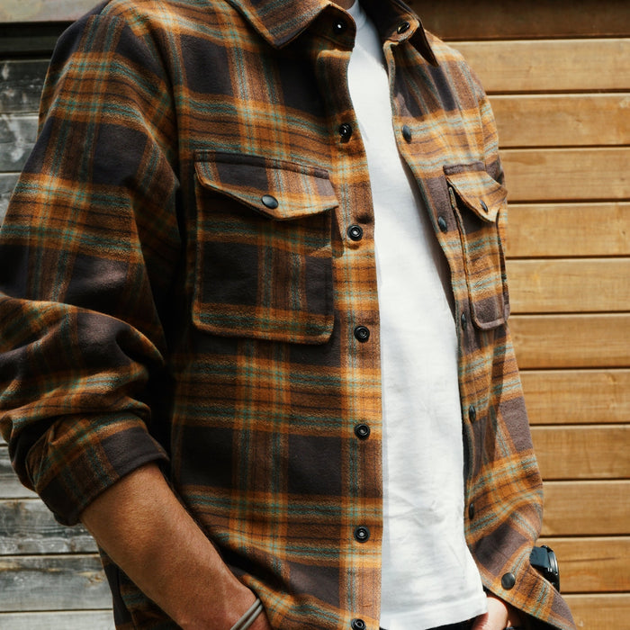 Person wearing a plaid shirt over a white t-shirt with a wooden background