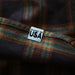 Plaid fabric with a 'Made in USA' label