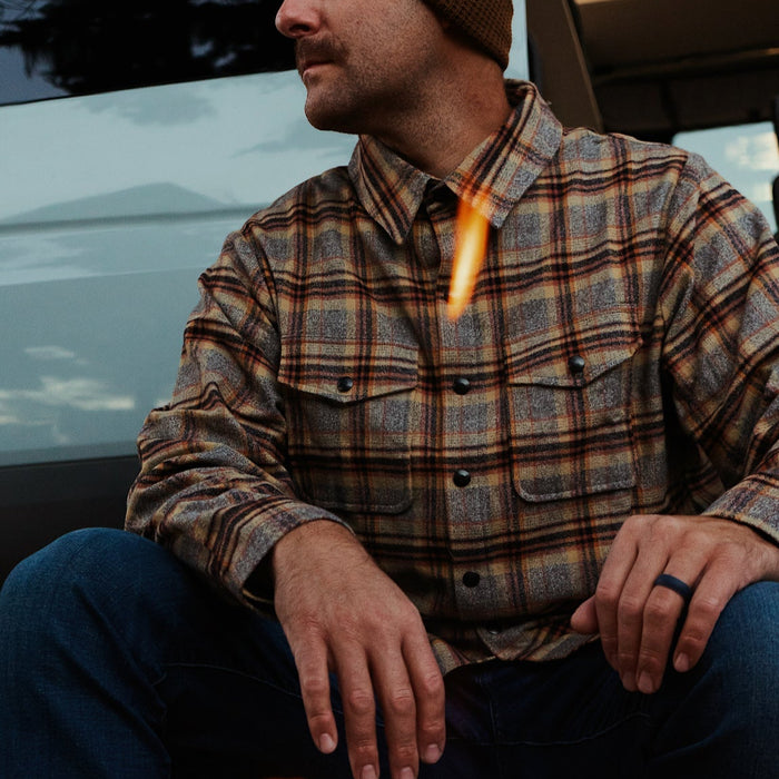 Man sitting by a fire outdoors, wearing a plaid shirt and beanie.