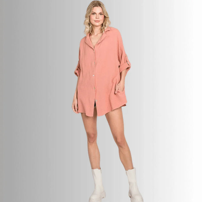 Rachel Slouchy Cotton Gauze Button Down Top
