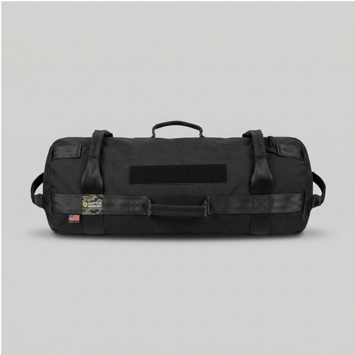 Black tactical duffel bag on a light gray background