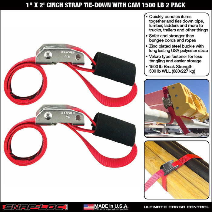 1" x 2' CINCH STRAP TIE-DOWN with CAM 1500 lb 2 PACK