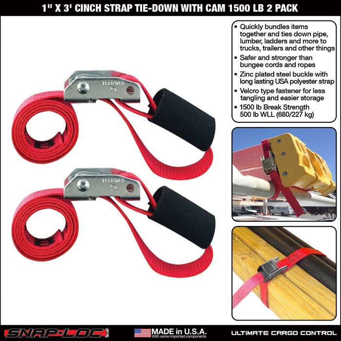 SNAP-LOC 1 in x 3 ft Cinch Strap Cam Tie-Down 1,500 lb 2-Pack