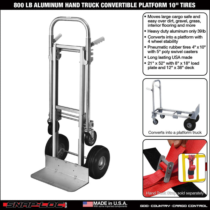 SNAP-LOC 800 lb Aluminum Hand Truck Cart with Convertible Platform and 10" Tires