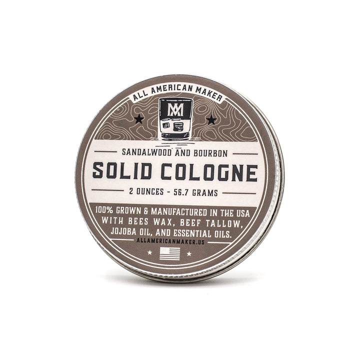 Solid cologne container with label on a white background