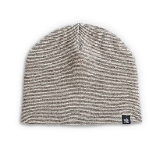 Gray beanie with a brand logo on a white background