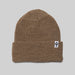 Brown knit beanie with a logo on a gray background